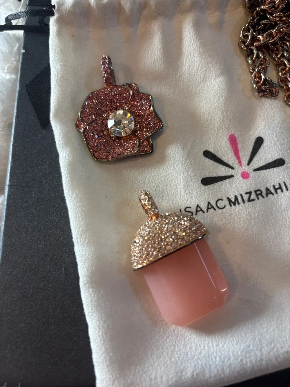 Isaac Mizrahi Rose Gold Silvertone  Necklace with 3 Pendants 36”